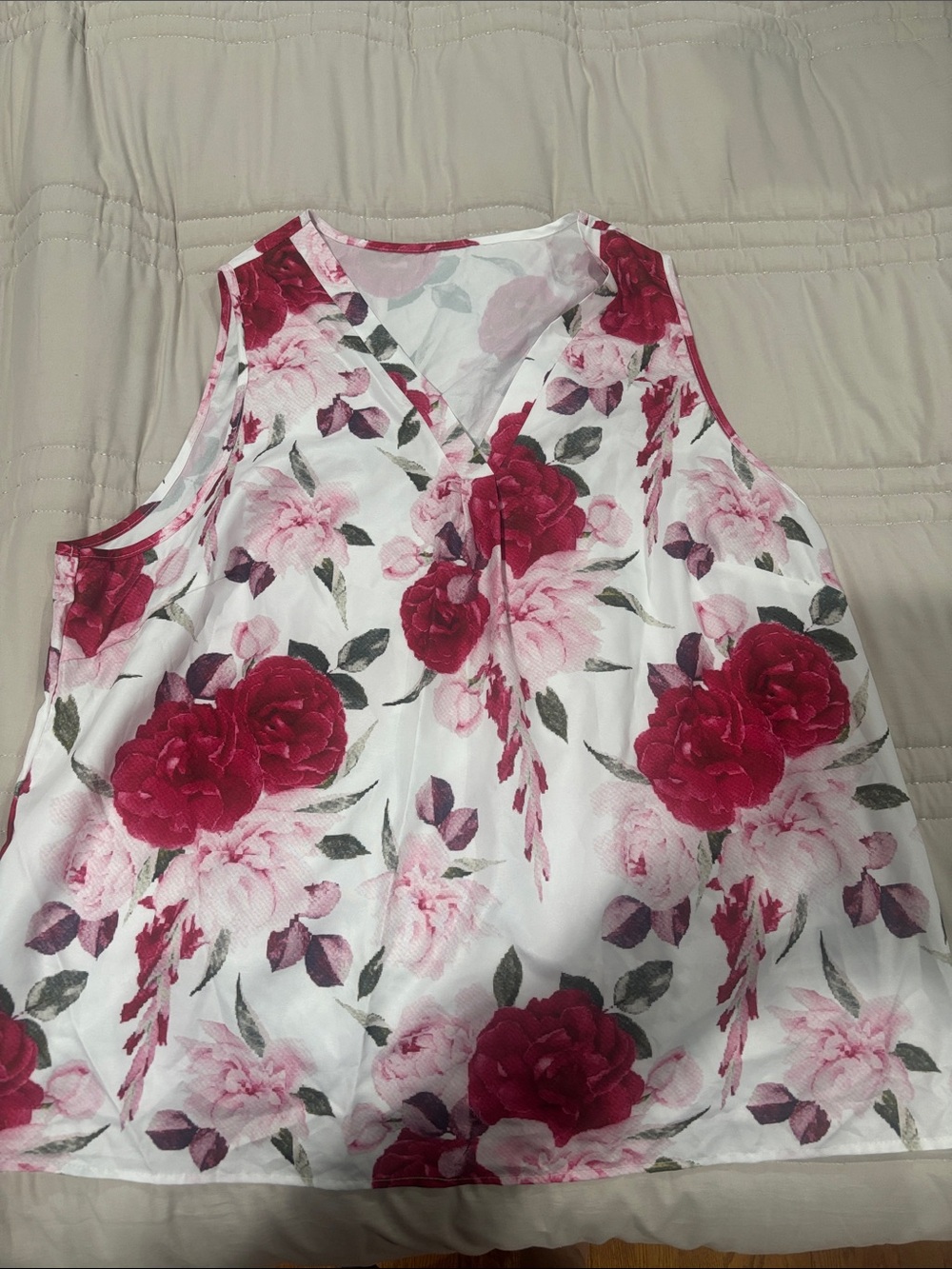 Floral V-Neck Sleeveless Blouse - White with Red Rose Print
